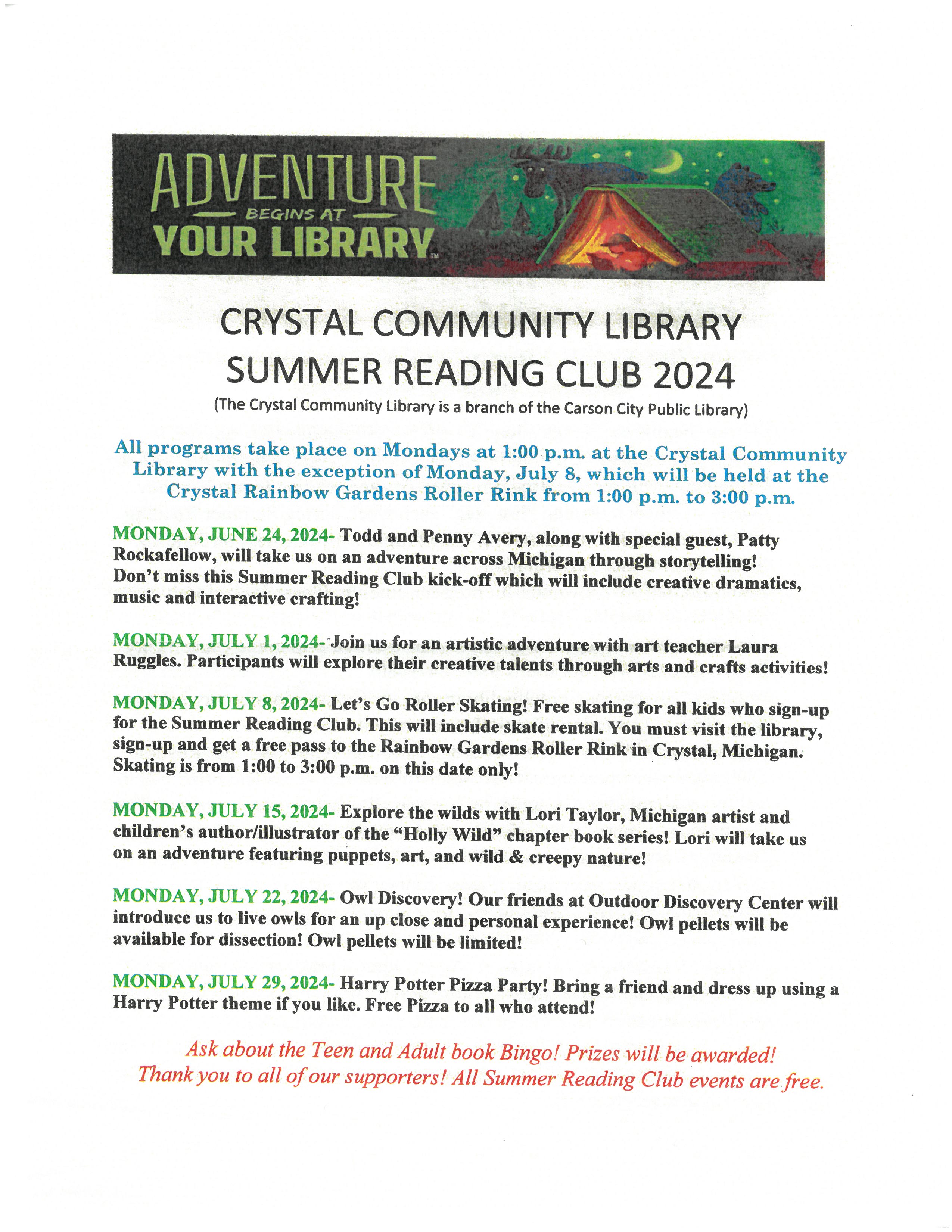 Summer Reading Club schedule of events 2024